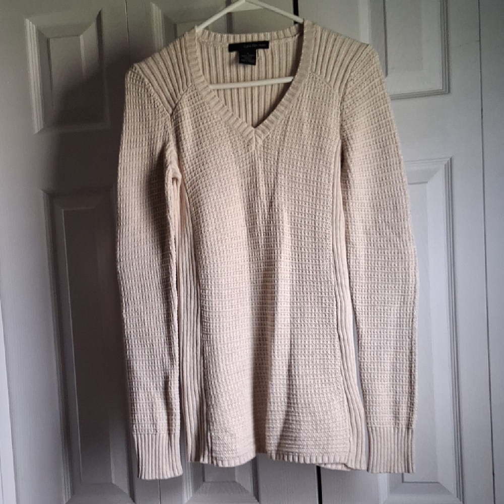 Calvin Klein Jeans Cream V-Neck Sweater Ribbed Knit